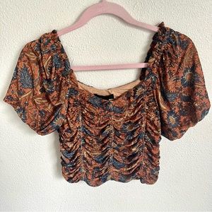 House of Harlow 1960 Ruched Crop Top in Rust, Navy & Gold Floral